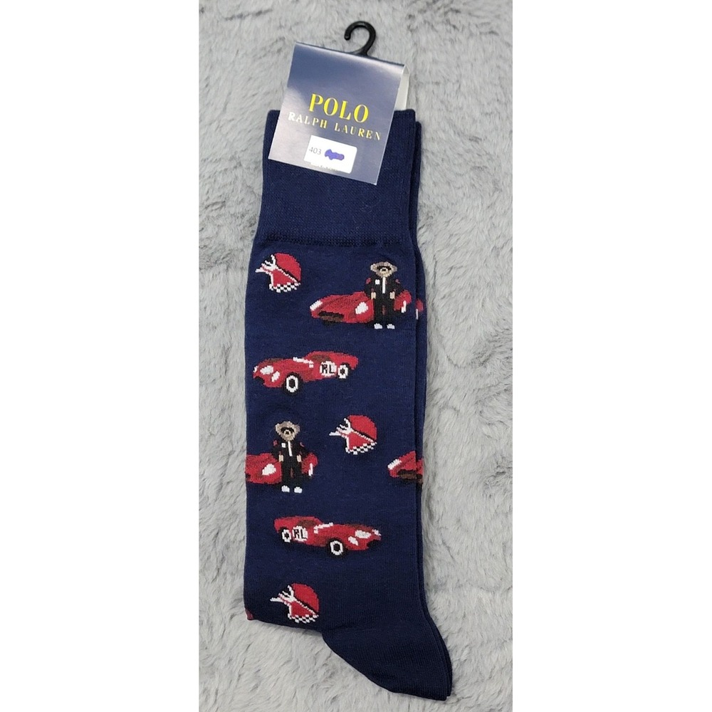 Polo Ralph Lauren Socks Mens 10-13 Navy Racing Car Polo Bear Crew Mid Calf